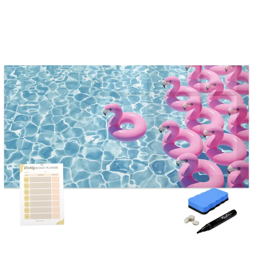 Tableau blanc magnétique effaçable à sec motif pissenlits volants et flamants roses