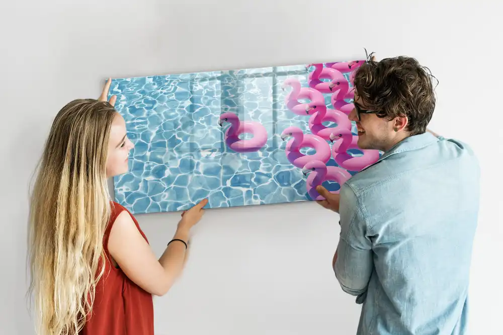 Tableau blanc magnétique effaçable à sec motif pissenlits volants et flamants roses
