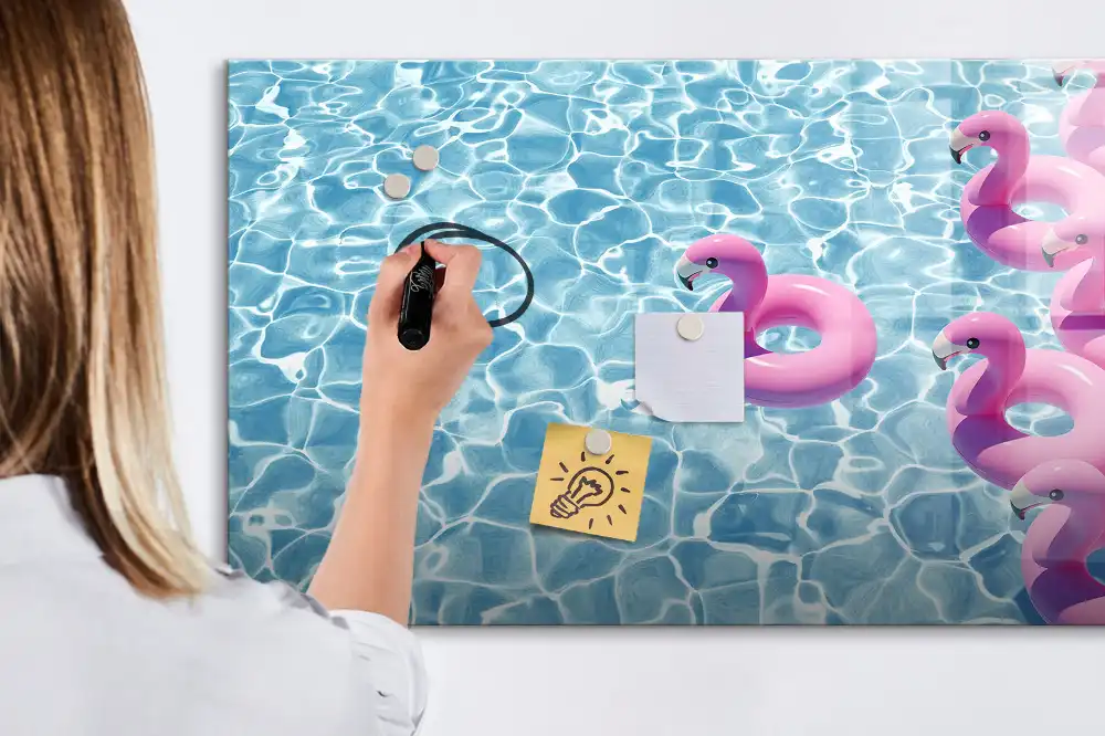 Tableau blanc magnétique effaçable à sec motif pissenlits volants et flamants roses