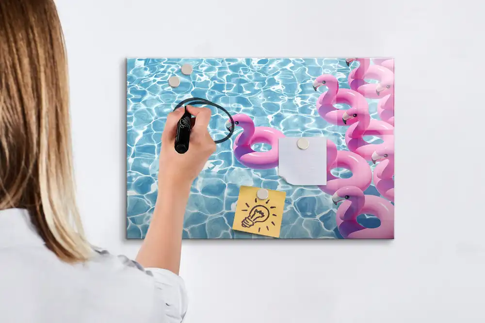 Tableau blanc magnétique effaçable à sec motif pissenlits volants et flamants roses