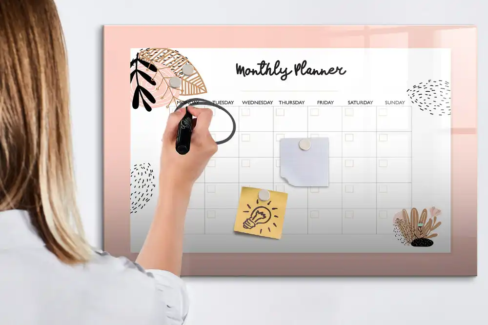 Tableau magnétique effaçable à sec avec calendrier mensuel décor floral