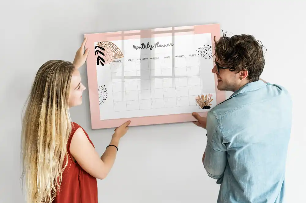Tableau magnétique effaçable à sec avec calendrier mensuel décor floral