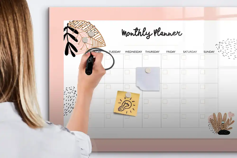Tableau magnétique effaçable à sec avec calendrier mensuel décor floral