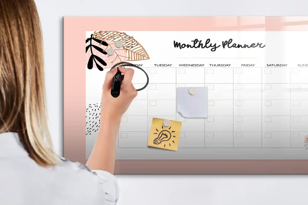 Tableau magnétique effaçable à sec avec calendrier mensuel décor floral