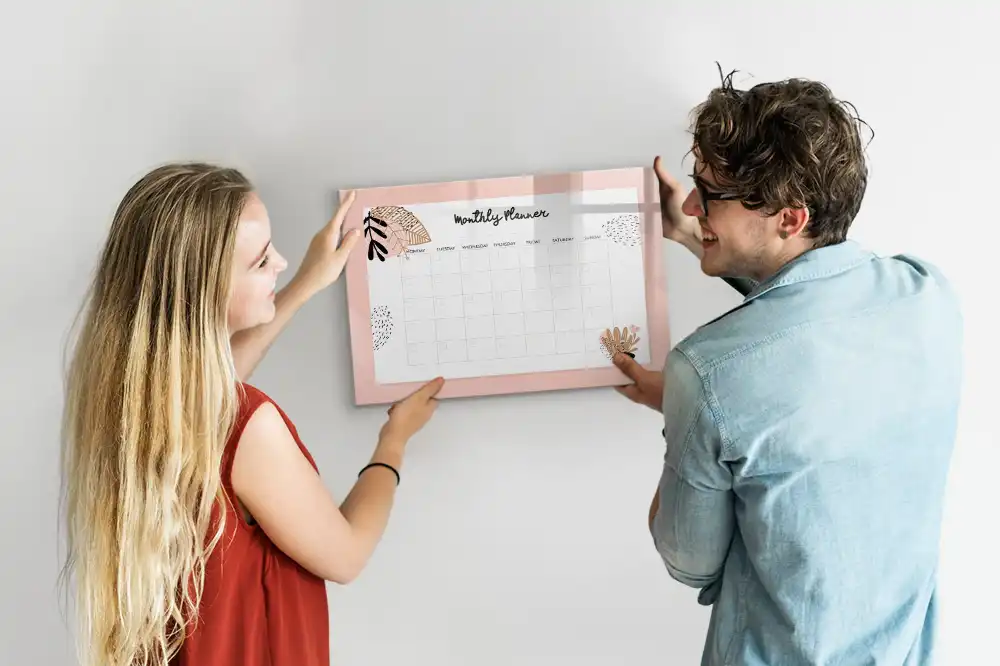 Tableau magnétique effaçable à sec avec calendrier mensuel décor floral