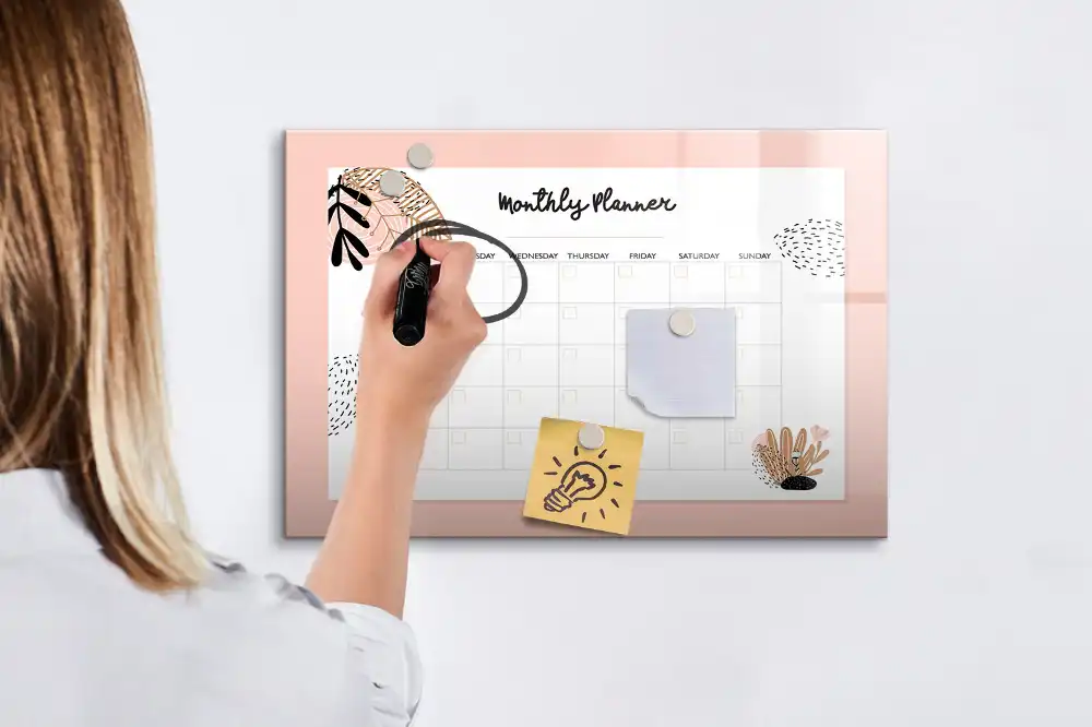 Tableau magnétique effaçable à sec avec calendrier mensuel décor floral