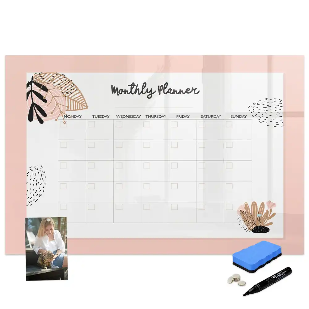 Tableau magnétique effaçable à sec avec calendrier mensuel décor floral