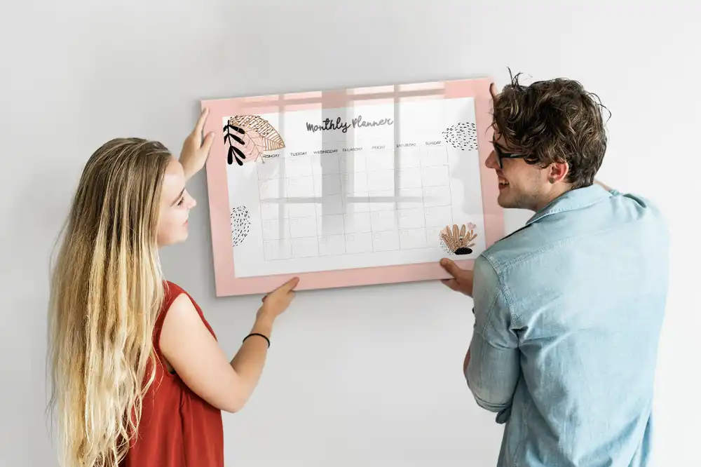 Tableau magnétique effaçable à sec avec calendrier mensuel décor floral