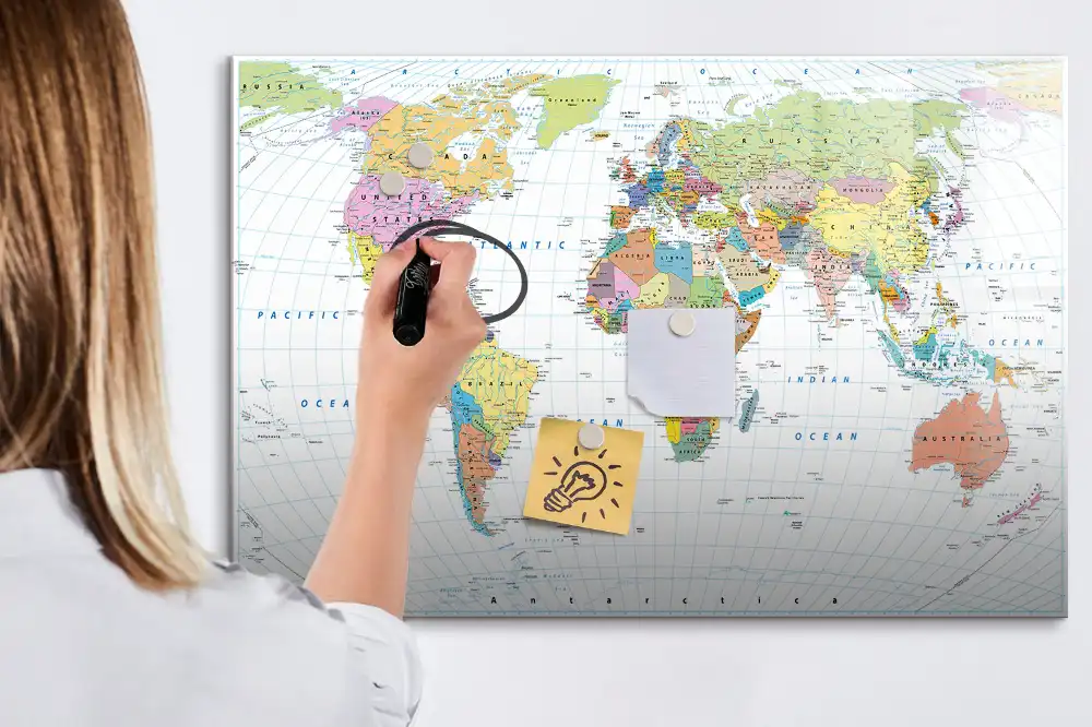 Tableau blanc magnétique effaçable à sec carte politique du monde
