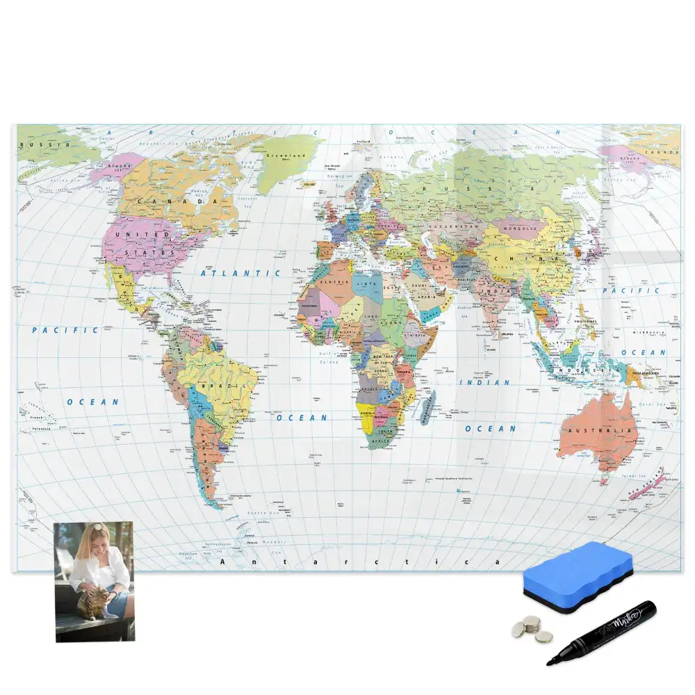 Tableau blanc magnétique effaçable à sec carte politique du monde
