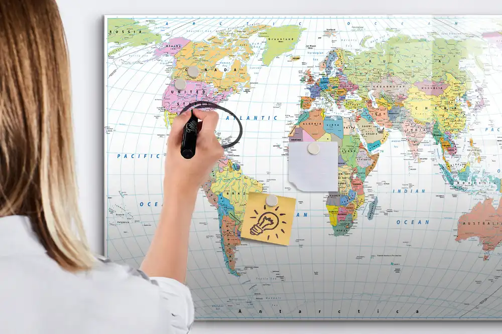 Tableau blanc magnétique effaçable à sec carte politique du monde