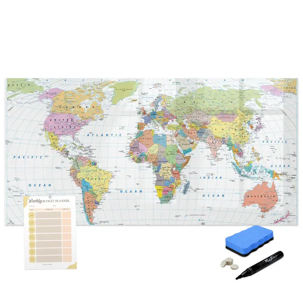 Tableau blanc magnétique effaçable à sec carte politique du monde