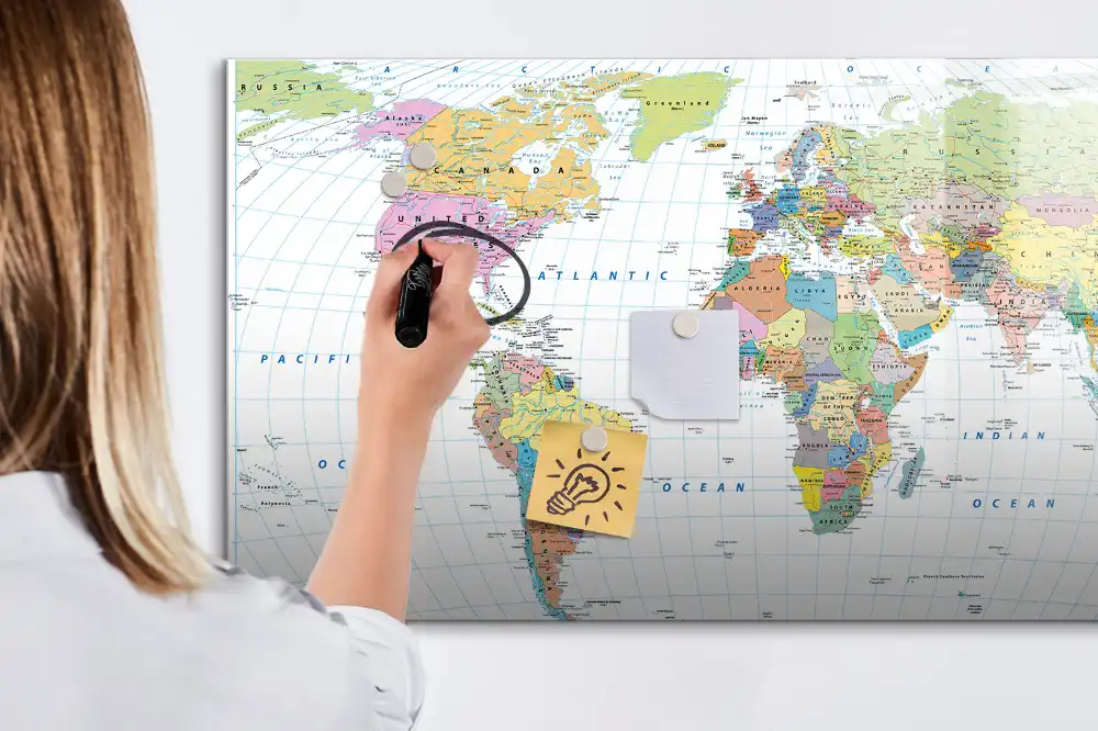 Tableau blanc magnétique effaçable à sec carte politique du monde