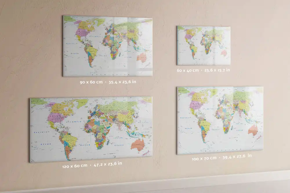 Tableau blanc magnétique effaçable à sec carte politique du monde