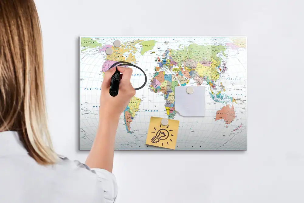 Tableau blanc magnétique effaçable à sec carte politique du monde