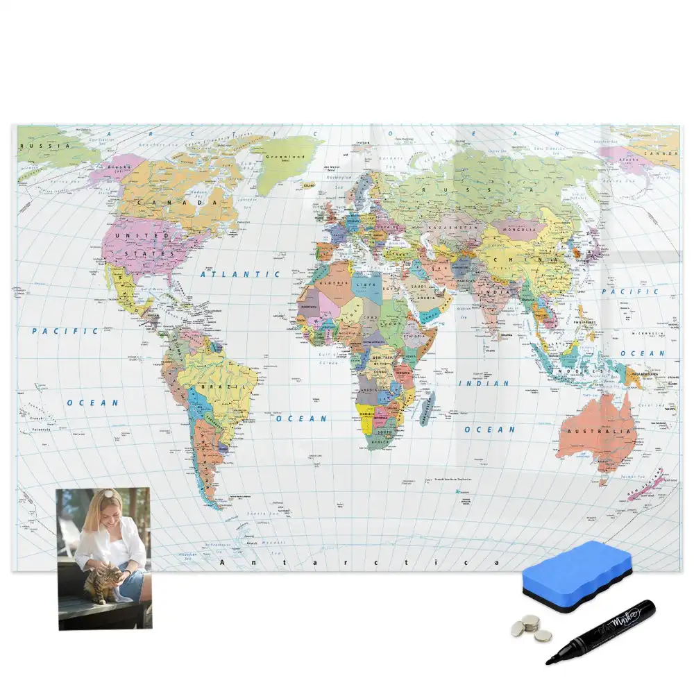 Tableau blanc magnétique effaçable à sec carte politique du monde