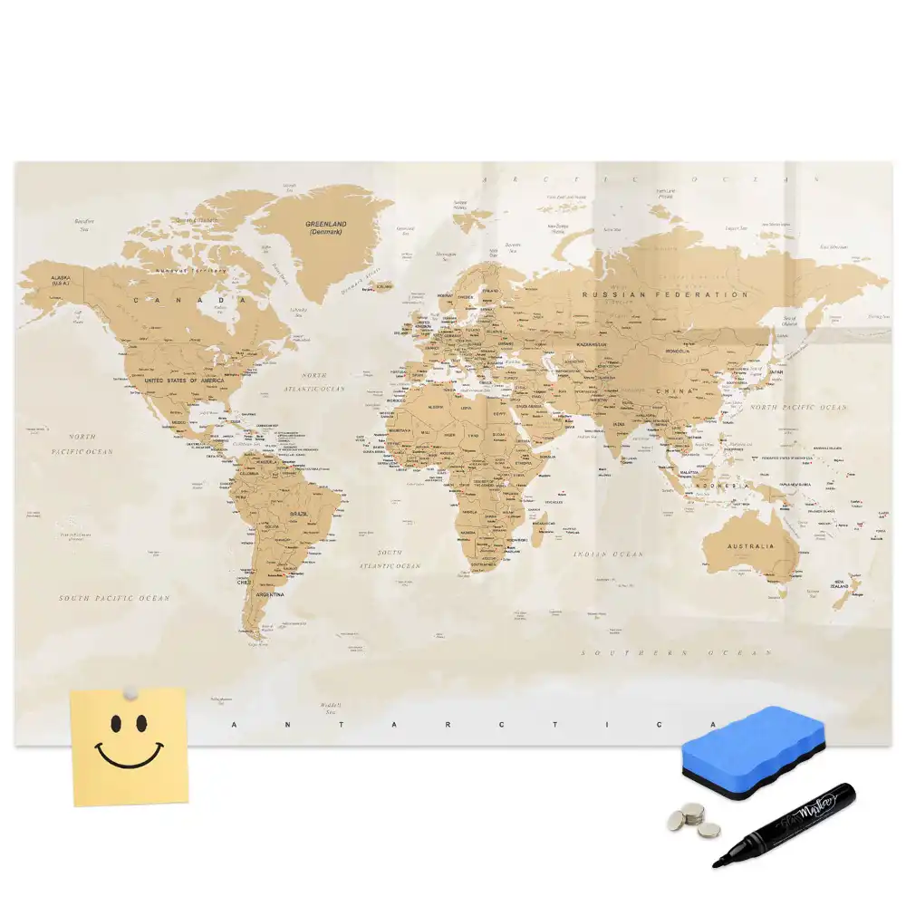 Tableau blanc magnétique effaçable à sec avec carte du monde politique