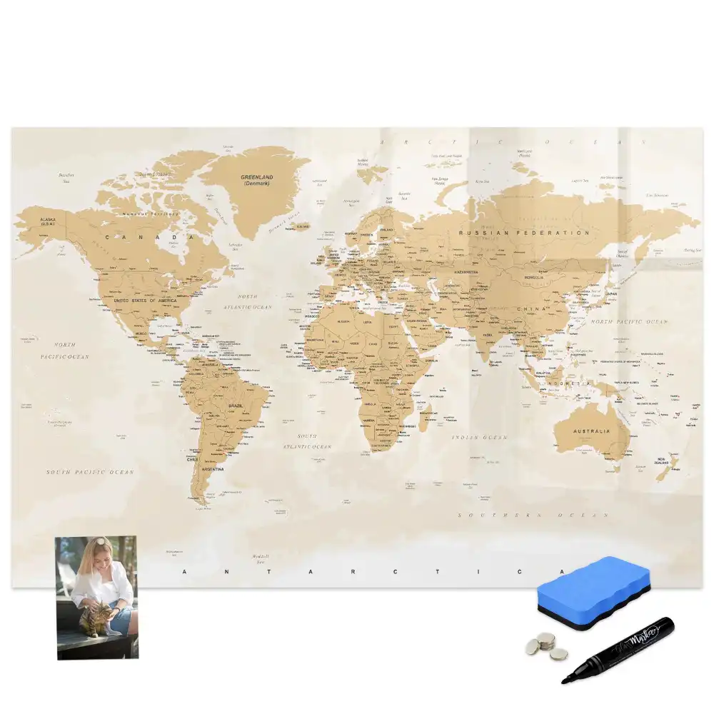 Tableau blanc magnétique effaçable à sec avec carte du monde politique