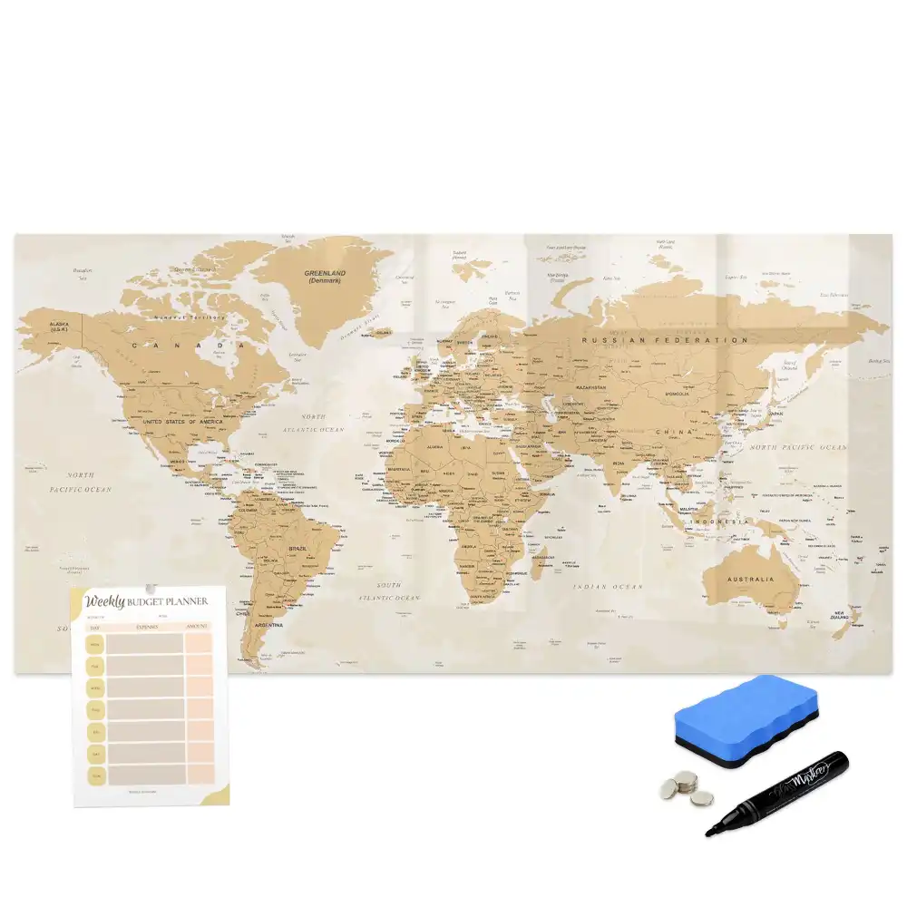 Tableau blanc magnétique effaçable à sec avec carte du monde politique