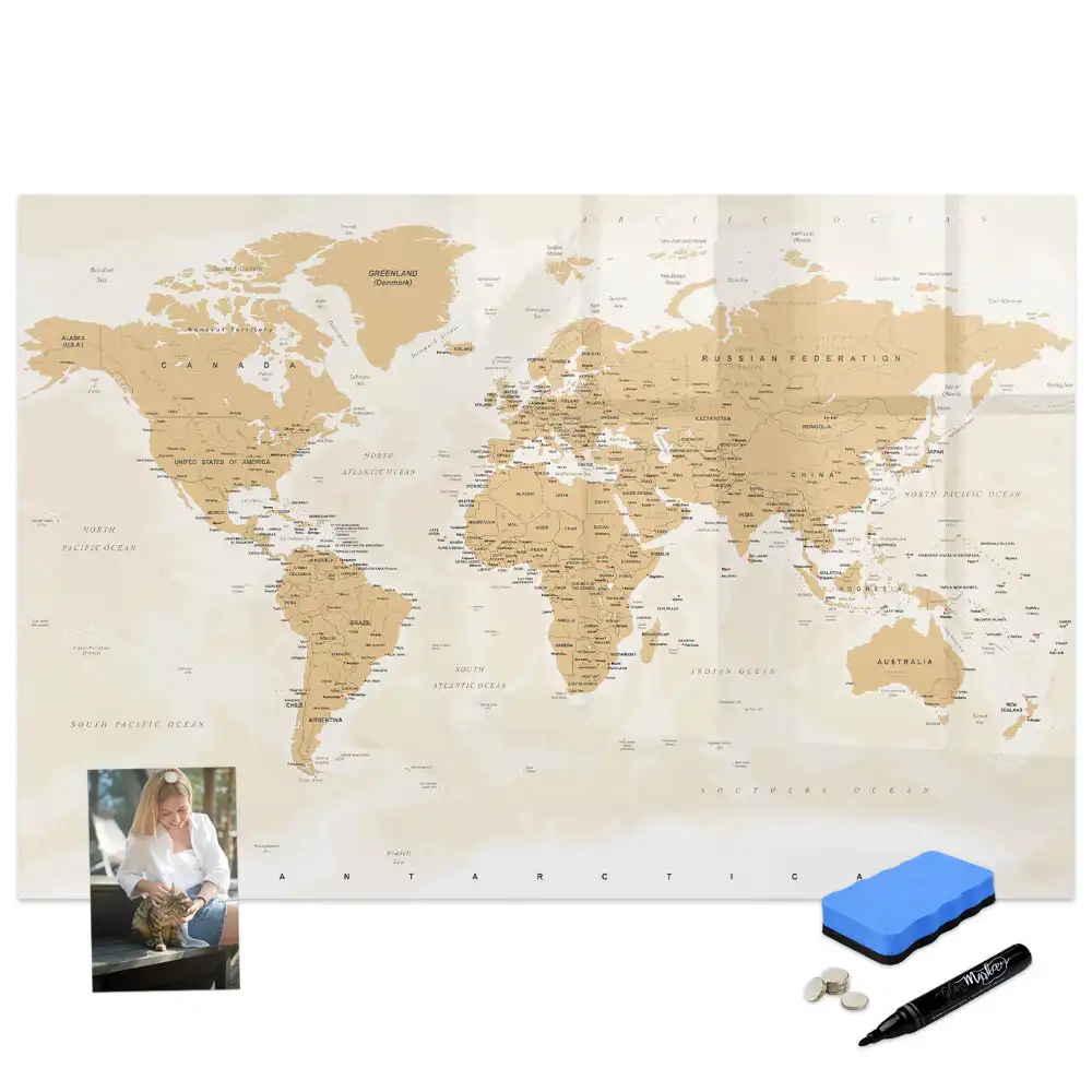 Tableau blanc magnétique effaçable à sec avec carte du monde politique