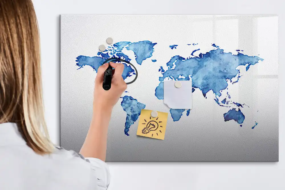 Tableau blanc magnétique effaçable à sec avec motif taches d'aquarelle du monde