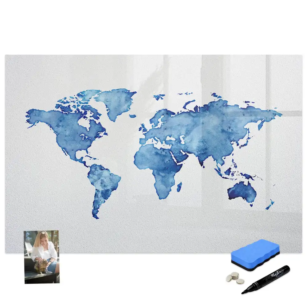 Tableau blanc magnétique effaçable à sec avec motif taches d'aquarelle du monde