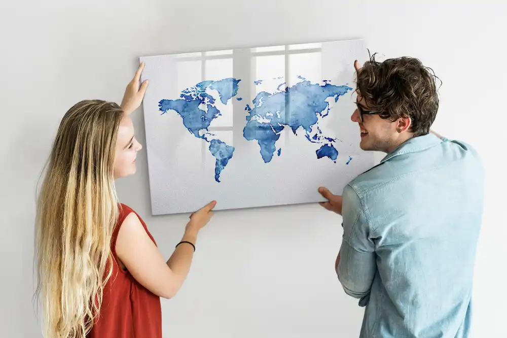 Tableau blanc magnétique effaçable à sec avec motif taches d'aquarelle du monde