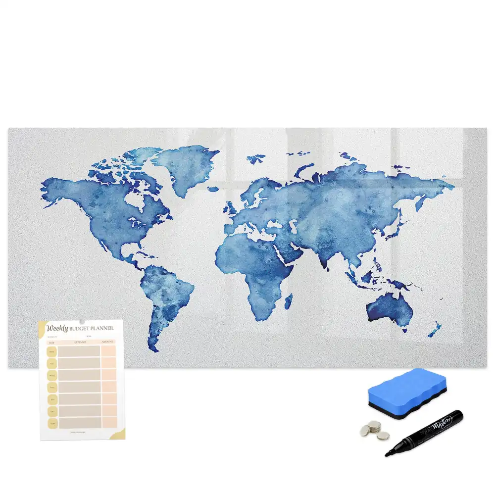 Tableau blanc magnétique effaçable à sec avec motif taches d'aquarelle du monde