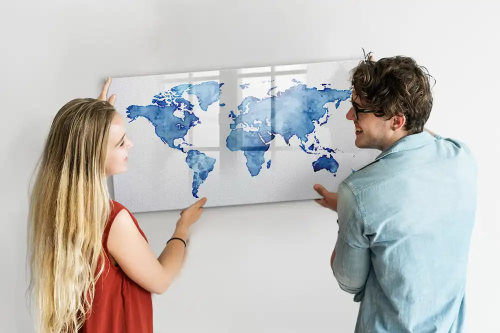 Tableau blanc magnétique effaçable à sec avec motif taches d'aquarelle du monde