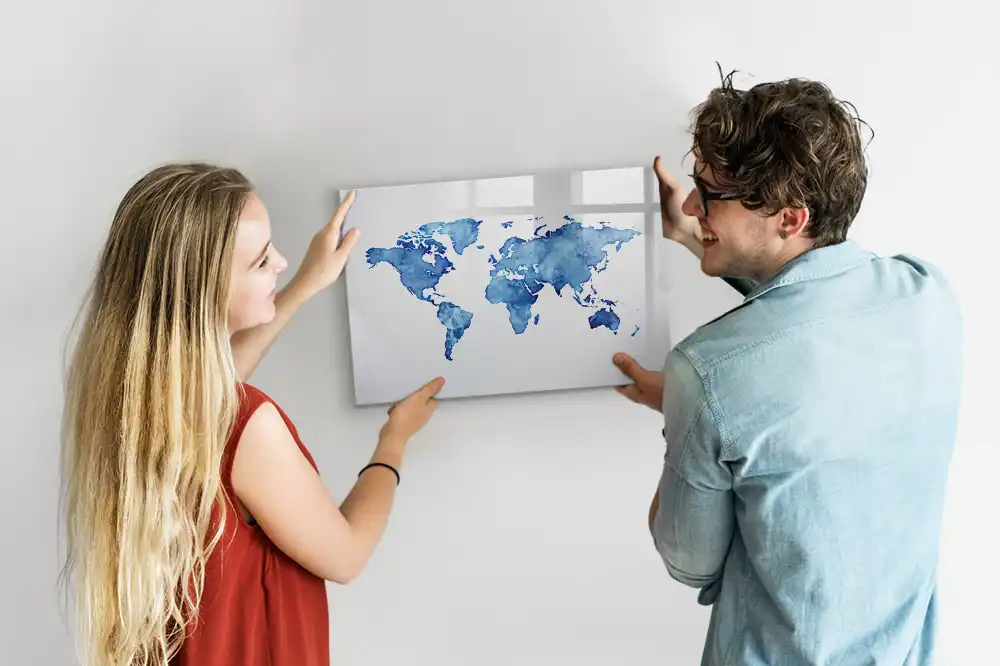 Tableau blanc magnétique effaçable à sec avec motif taches d'aquarelle du monde