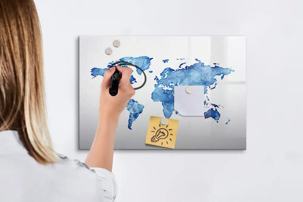Tableau blanc magnétique effaçable à sec avec motif taches d'aquarelle du monde