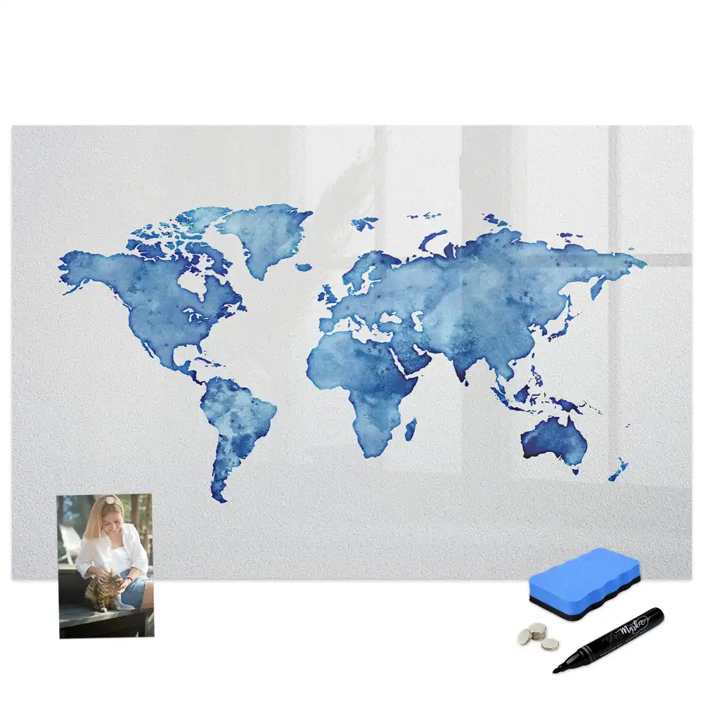 Tableau blanc magnétique effaçable à sec avec motif taches d'aquarelle du monde