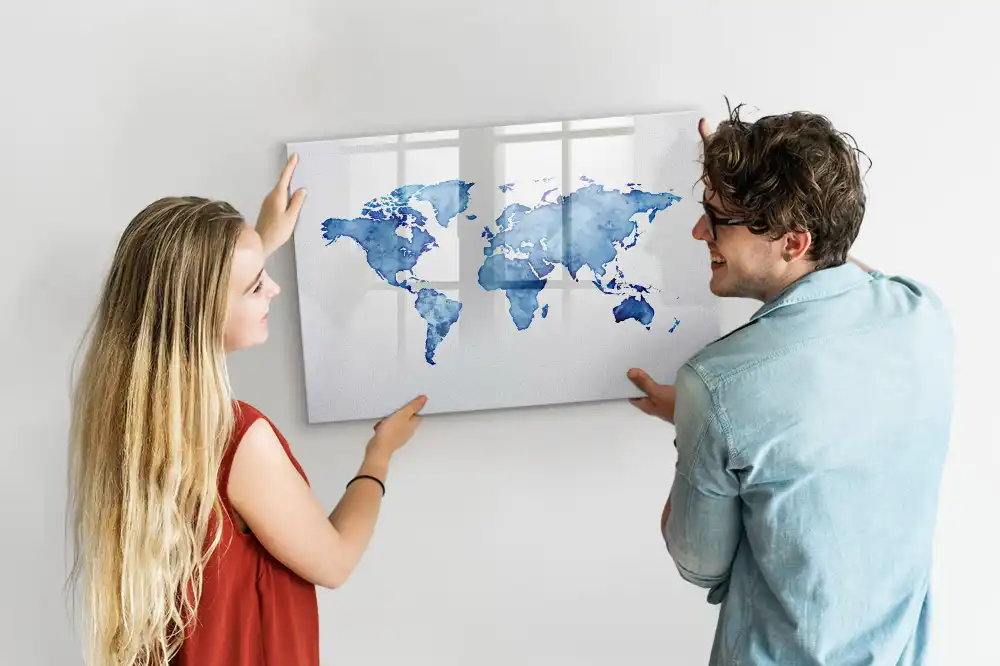 Tableau blanc magnétique effaçable à sec avec motif taches d'aquarelle du monde