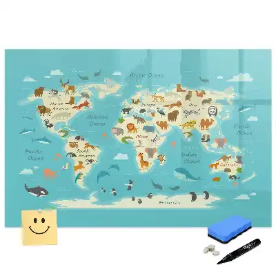 Tableau blanc magnétique effaçable à sec illustré avec la carte du monde des animaux