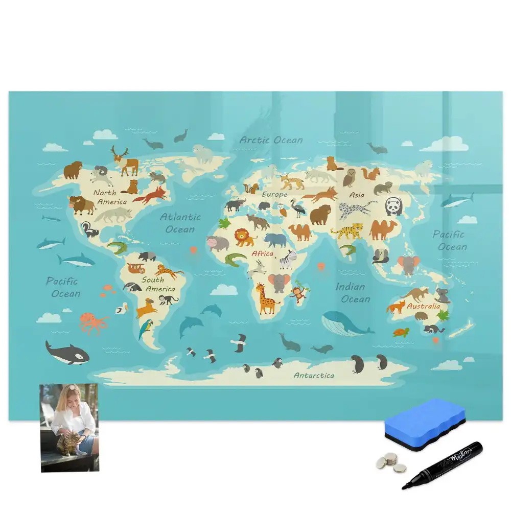 Tableau blanc magnétique effaçable à sec illustré avec la carte du monde des animaux
