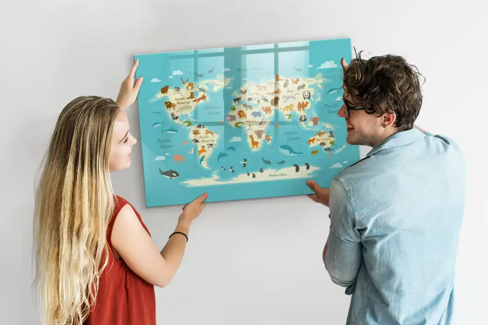 Tableau blanc magnétique effaçable à sec illustré avec la carte du monde des animaux
