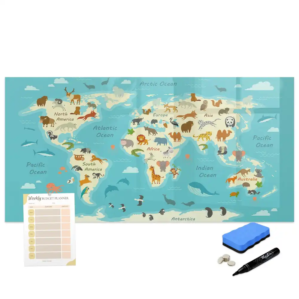 Tableau blanc magnétique effaçable à sec illustré avec la carte du monde des animaux