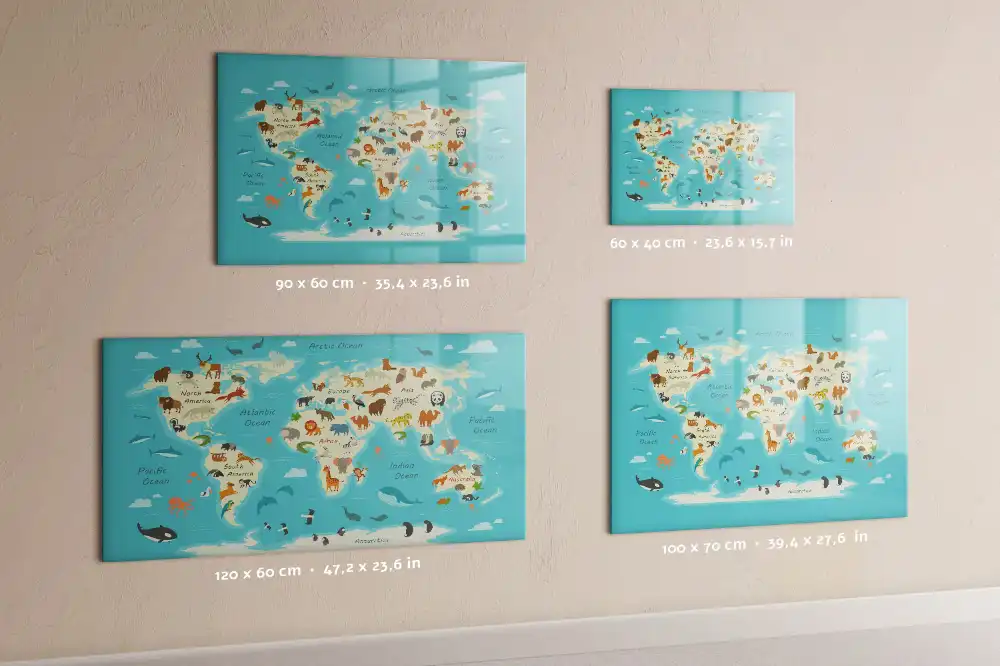 Tableau blanc magnétique effaçable à sec illustré avec la carte du monde des animaux