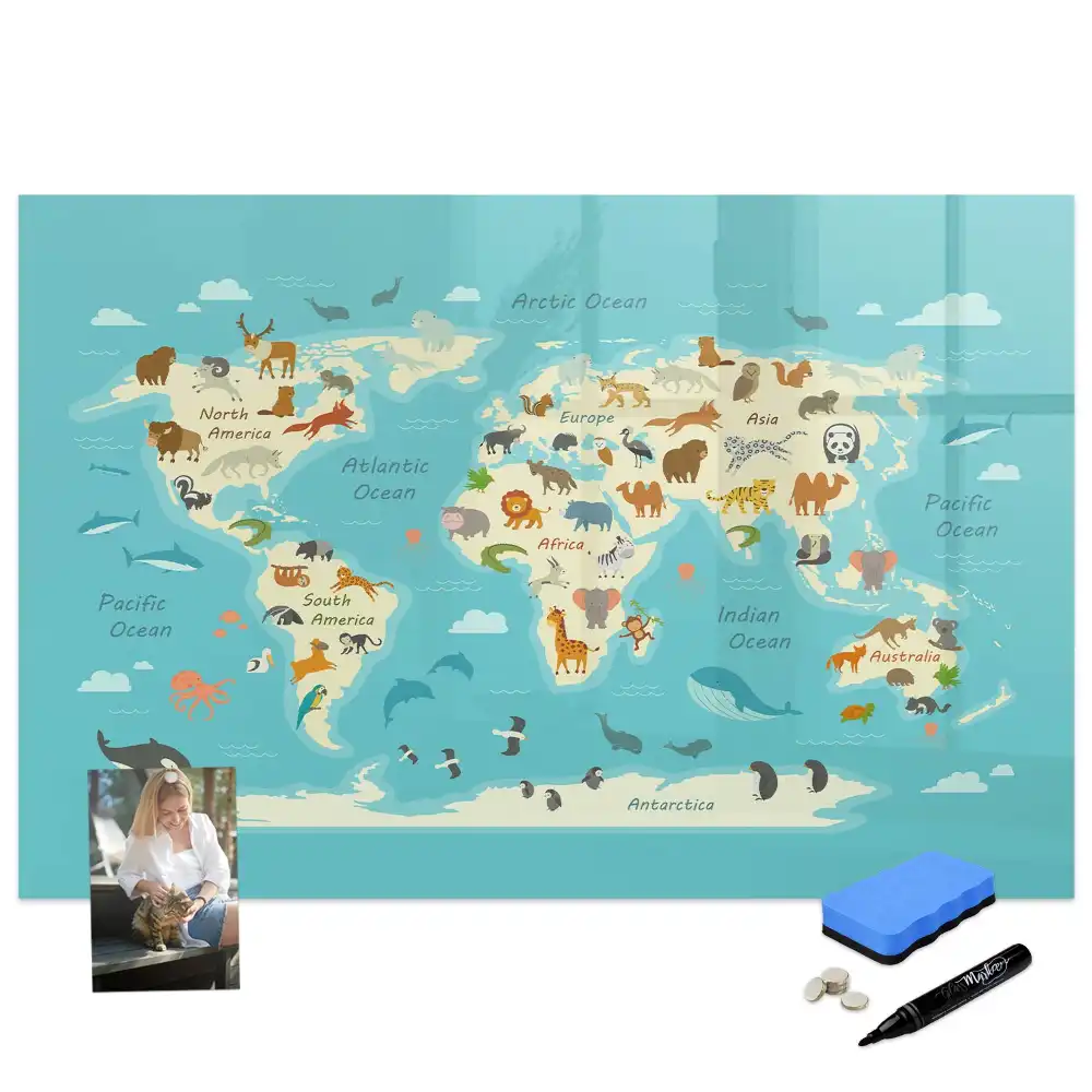 Tableau blanc magnétique effaçable à sec illustré avec la carte du monde des animaux