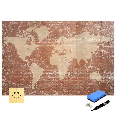 Tableau blanc magnétique effaçable à sec avec carte des continents sur fond mur de briques