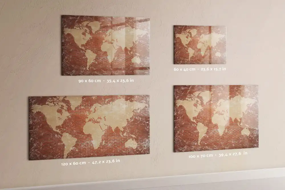 Tableau blanc magnétique effaçable à sec avec carte des continents sur fond mur de briques