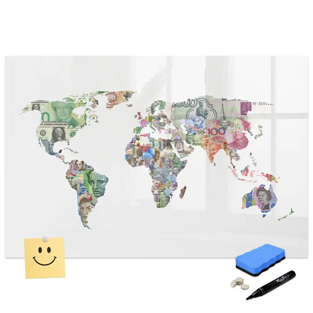 Tableau blanc magnétique effaçable à sec avec modèles de billets de banque du monde