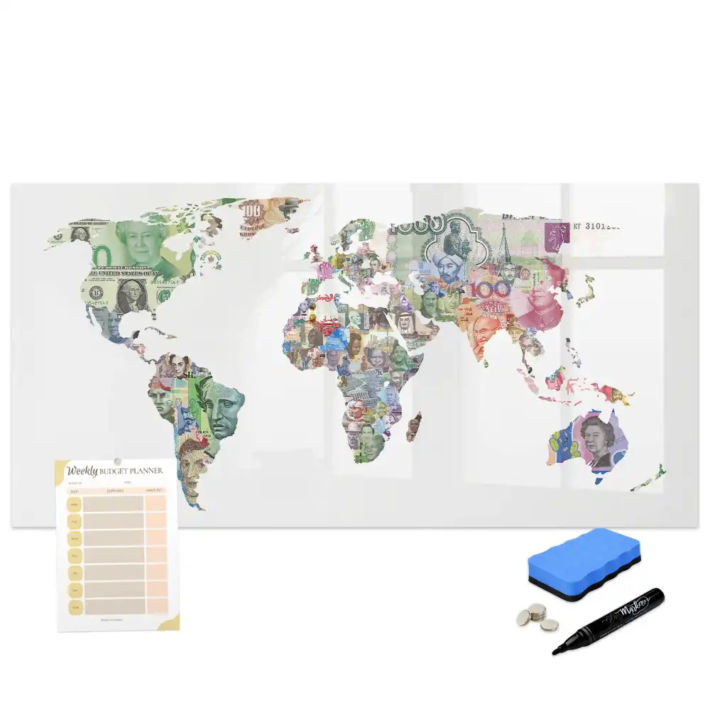 Tableau blanc magnétique effaçable à sec avec modèles de billets de banque du monde