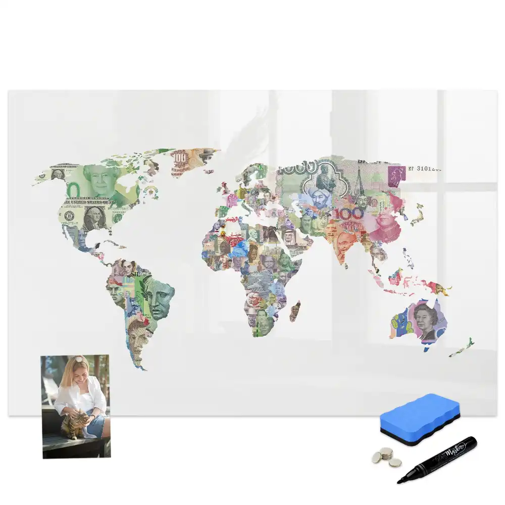 Tableau blanc magnétique effaçable à sec avec modèles de billets de banque du monde