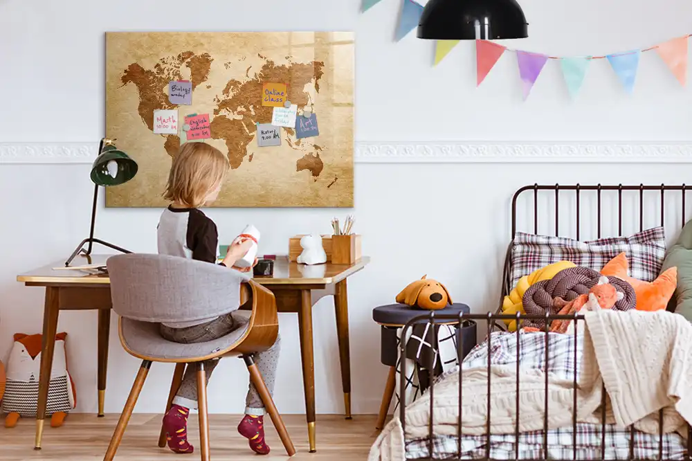 Tableau blanc magnétique effaçable à sec avec motif globe à l'ancienne