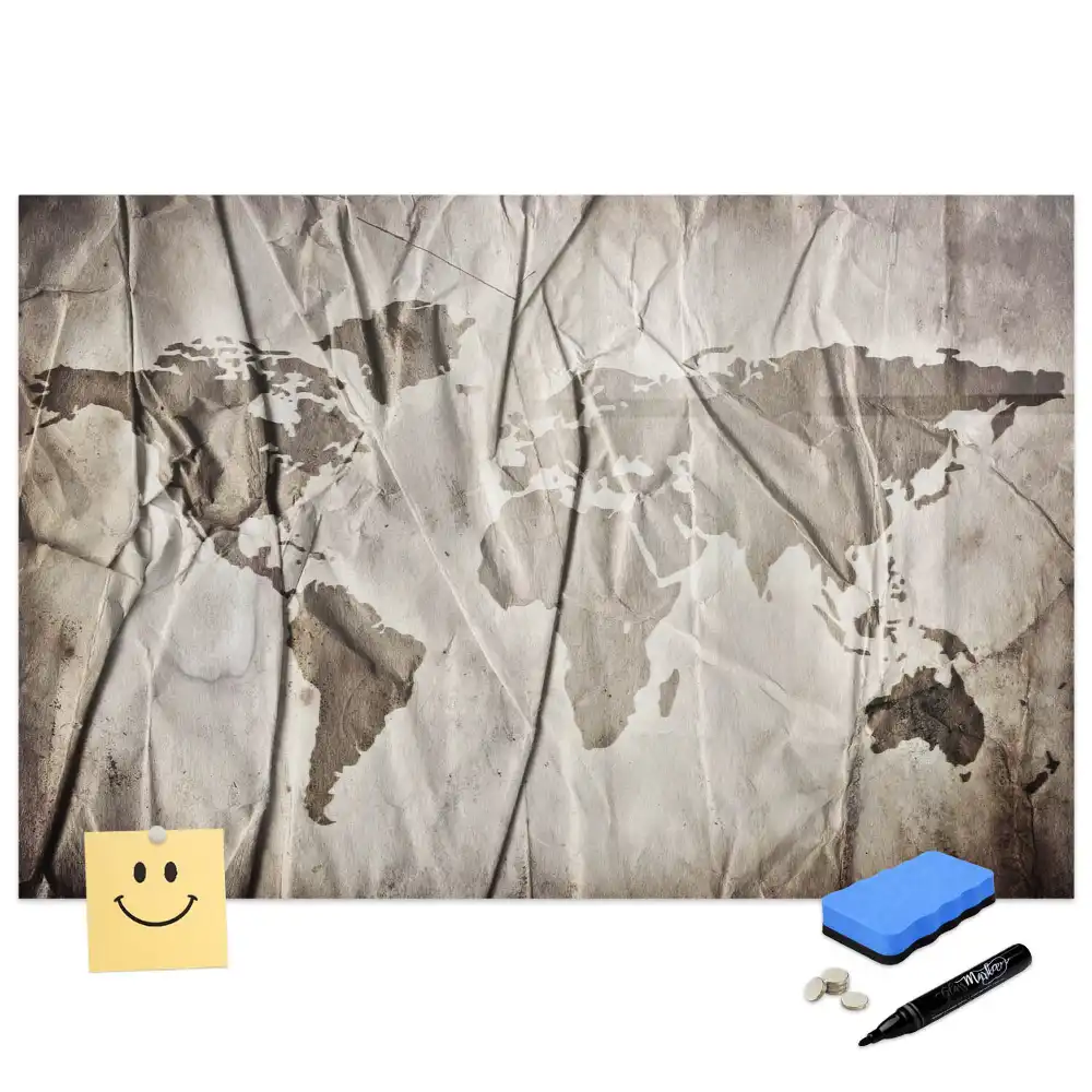 Tableau blanc magnétique effaçable à sec avec carte du monde géométrique