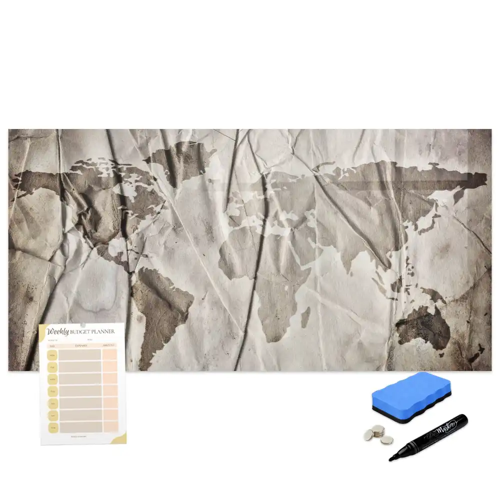 Tableau blanc magnétique effaçable à sec avec carte du monde géométrique
