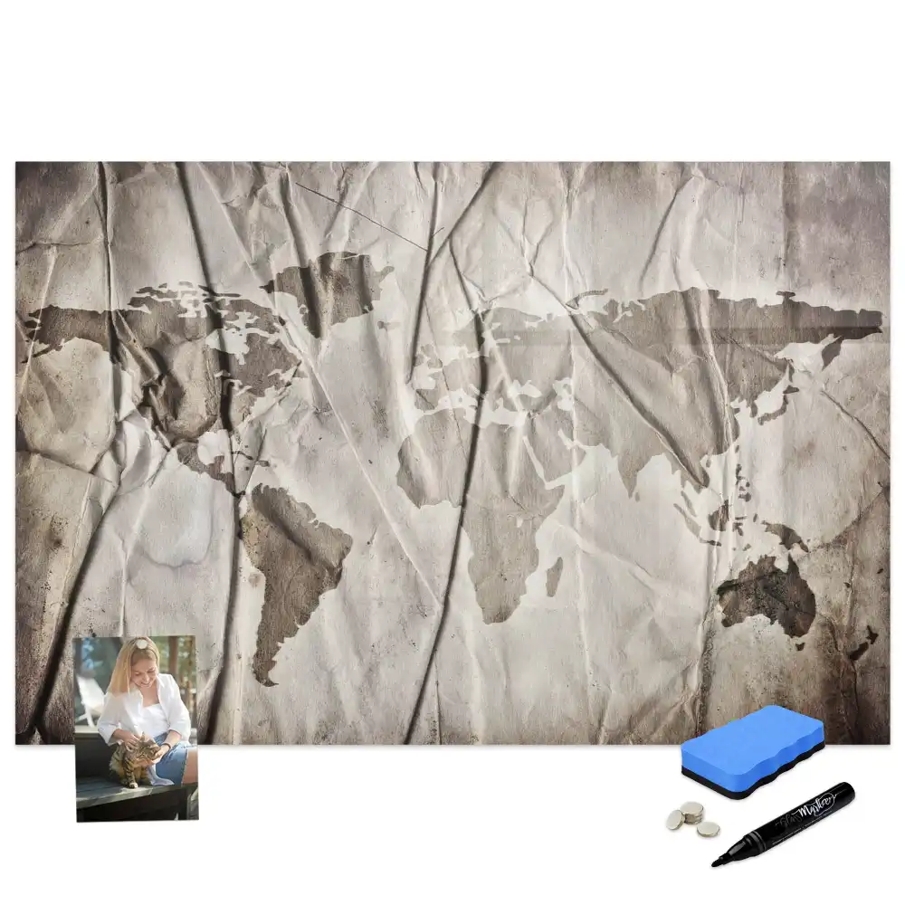 Tableau blanc magnétique effaçable à sec avec carte du monde géométrique