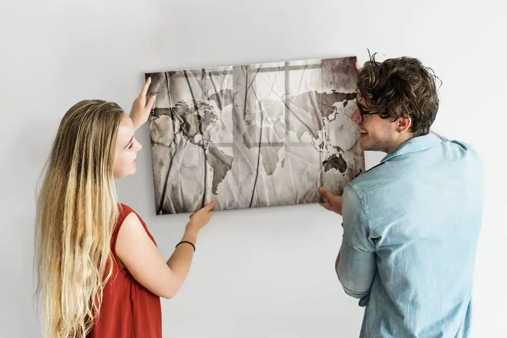 Tableau blanc magnétique effaçable à sec avec carte du monde géométrique