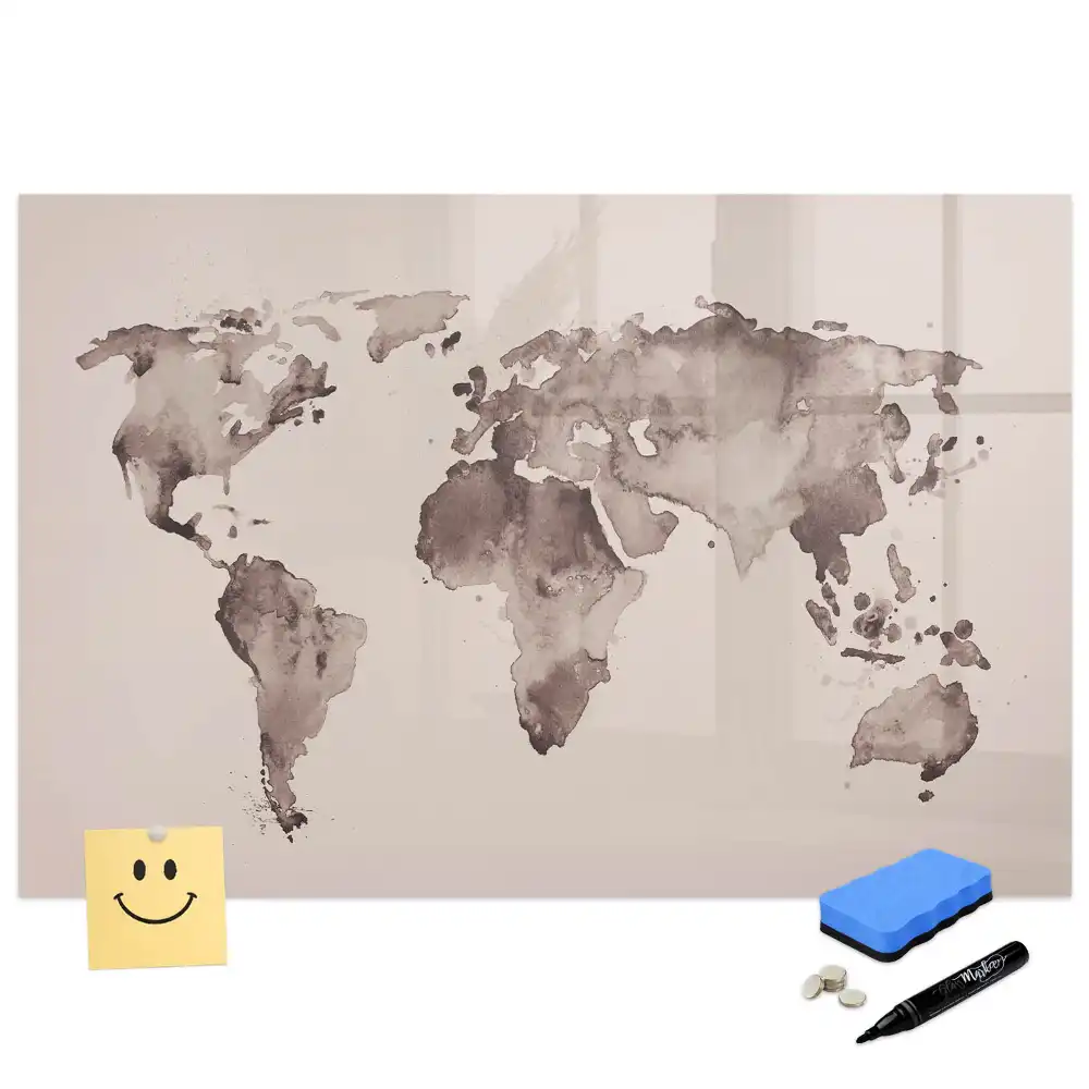 Tableau blanc magnétique effaçable à sec avec motif carte du monde
